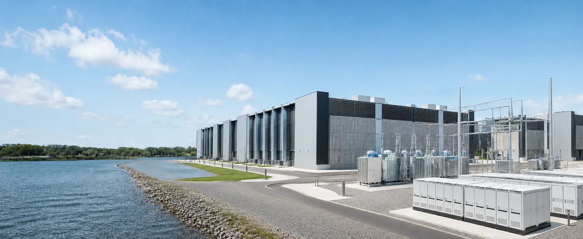 AI data center campus with integrated power infrastructure in daylight