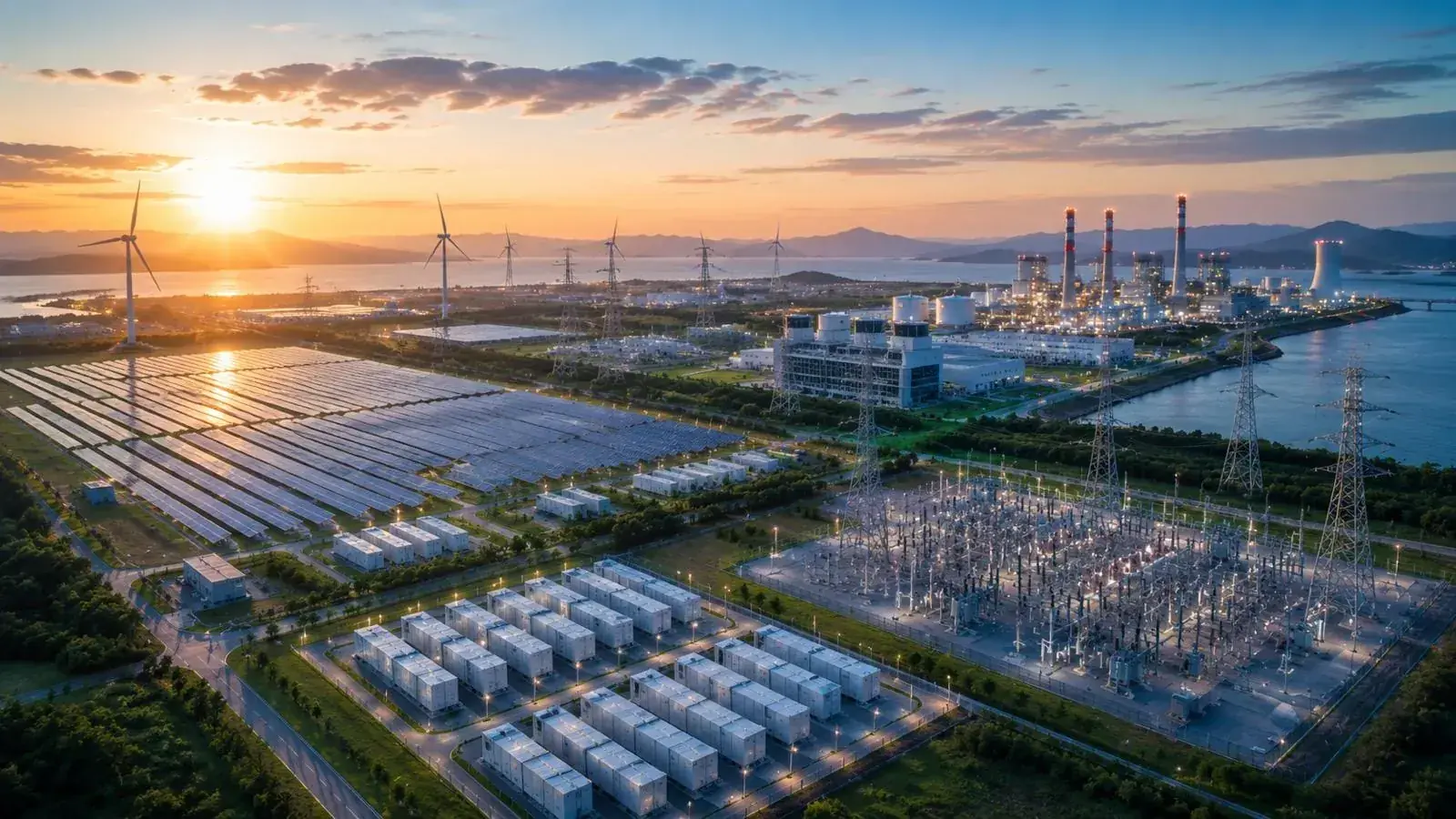 Integrated solar, wind and thermal generation with substation