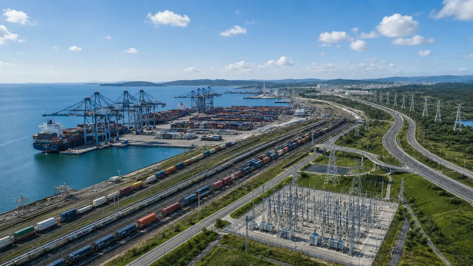 Container port with rail and highway links