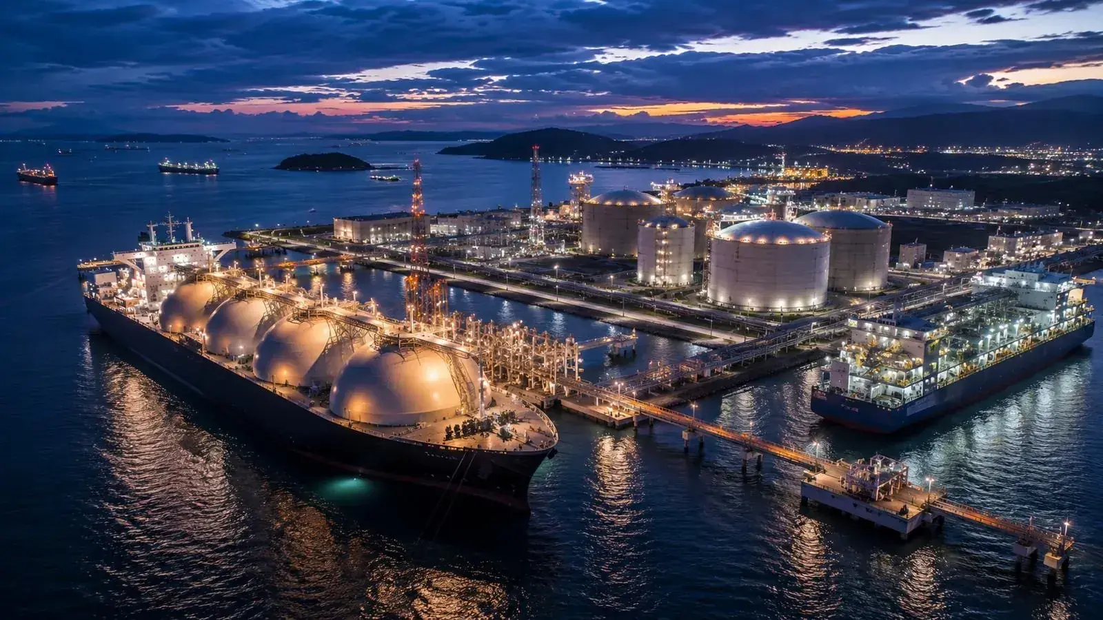 LNG carrier alongside a terminal with storage tanks